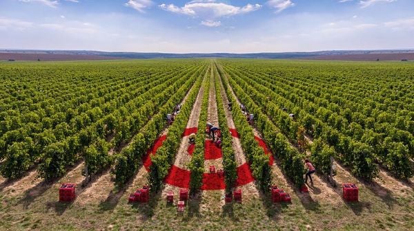 עובדים בשדה כרמים ורקע עם לוגו של אמות השקעות מסומן באדום בין שורות הגפנים